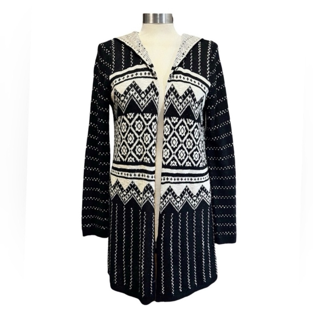 One World Long Hooded Cardigan Black & White Sweater Women’s size Medium